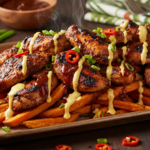 Loaded Jerk Chicken Fries — crispy fries topped with jerk chicken and Island Spice sauce