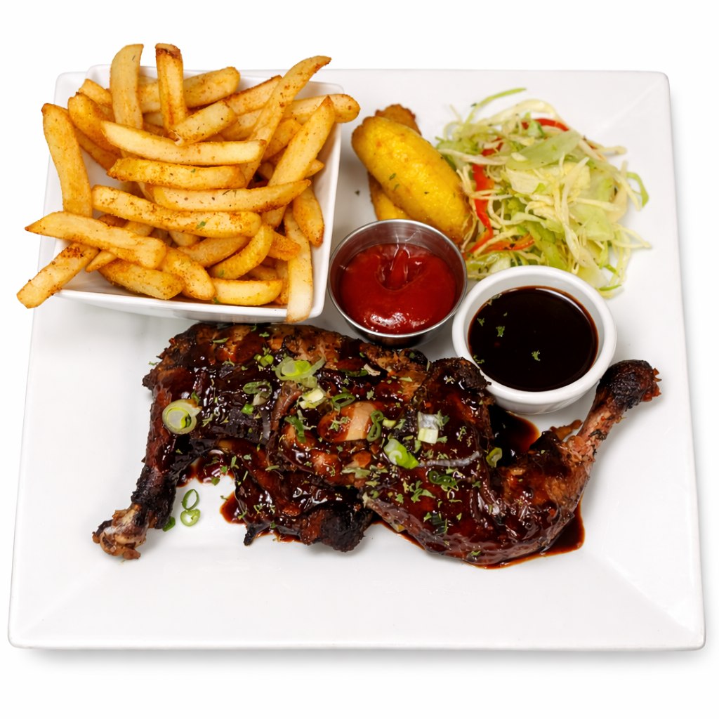 Loaded Jerk Fries made with Island Spice Jamaican jerk sauce